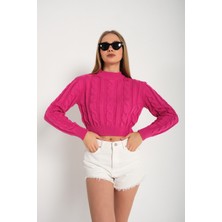 Nosia Fashion Yarım Balıkçı Yaka Saç Örgülü Crop Fuşya Kazak