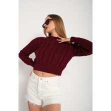 Nosia Fashion Yarım Balıkçı Yaka Saç Örgülü Crop Bordo Kazak