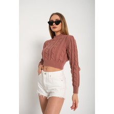 Nosia Fashion Yarım Balıkçı Yaka Saç Örgülü Crop Kiremit Kazak