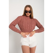 Nosia Fashion Yarım Balıkçı Yaka Saç Örgülü Crop Kiremit Kazak