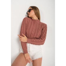 Nosia Fashion Yarım Balıkçı Yaka Saç Örgülü Crop Kiremit Kazak