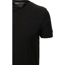 Ncs Erkek Siyah Slim Fit Bisiklet Yaka Dokulu Kumaş %100 Pamuk T-Shirt Jeans 1135