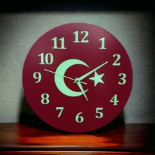 Fosforlu Gece Parlayan Ahşap 3D Türk Bayrağı Salon Ofis Duvar Saati 35 cm