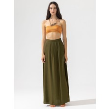 Rivus Beli Lastikli Kuşaklı Önden Çift Yırtmaçlı Etek - Haki