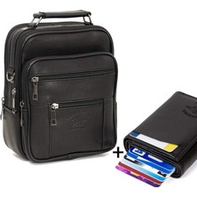 Newish Polo Adelina Erkek Siyah Deri Çelik Kasalı El ve Omuz Çanta ve Mekanizmalı Kartlık Cüzdan Orta Boy