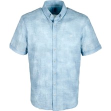 Ncs Erkek Mavi Gofre Kumaş Slim Fit Dar Kesim Düğme Yaka Kısa Kol Gömlek Jeans 7232