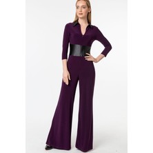 Laranor Gömlek Yaka Deri Detaylı Truvakar Kol Önden Fermuarlı Tulum 48 - Mürdüm