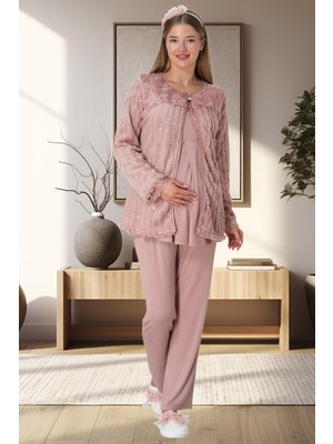 Mecit Pijama 5911 Pudra Peluş Sabahlıklı Lohusa Pijama Takımı