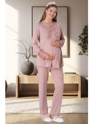 Mecit Pijama 5911 Pudra Peluş Sabahlıklı Lohusa Pijama Takımı