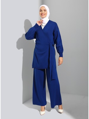 Refka Kruvaze Yaka Bağlama Detaylı Hırka & Pantolon Ikili Triko Takım - Saks Mavi - Refka Woman