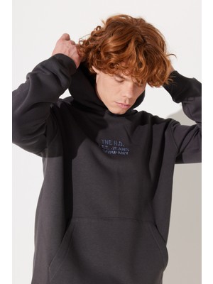 Lee Relaxed Fit Geniş Kesim Kapüşonlu Içi Polarlı Sırt Baskılı Antrasit Sweatshirt