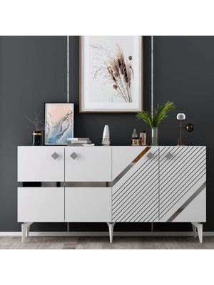 Demonte Dekor Iris Konsol Beyaz Gümüş