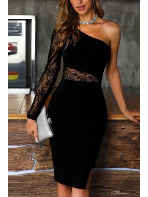Stock Mount Kadın Siyah Tek Kol Dantel Detay Krep Elbise
