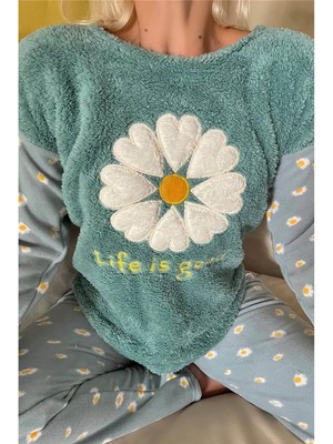 Pijama Evi Yeşil Life Is Good Desenli Kadın Peluş Pijama Takımı