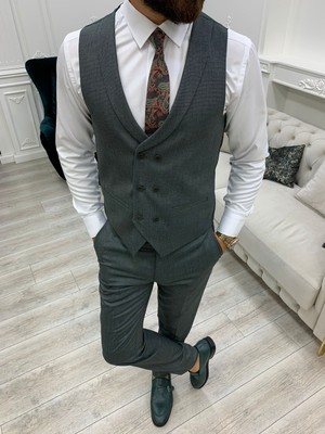 Lonatolia Erkek Takım Elbise Kırlangıç Yaka Italyan Kesim Slim Fit Ceket Yelek Pantolon-Yeşil