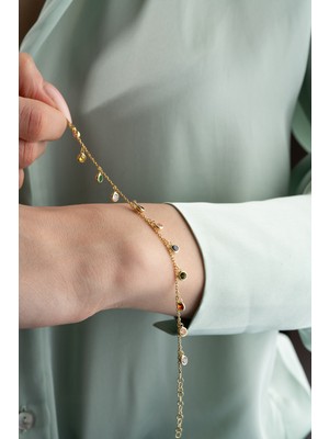 Nereze 925 Ayar Gümüş Gold Kaplama Sıralı Mix Taşlı Bileklik