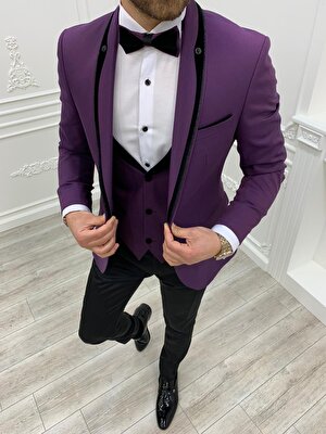 Lonatolia Erkek Smokin Damatlık  Simli Şal Yaka Italyan Kesim Slim Fit Ceket Yelek Pantolon Papyon-Mor