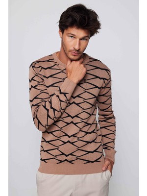 Tudors Erkek Slim Fit Dar Kesim Bisiklet Yaka Jakarlı Vizon-Siyah Triko Kazak