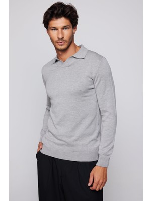 Tudors Erkek Standart Fit Normal Kesim Polo V Yaka Gri Triko Kazak