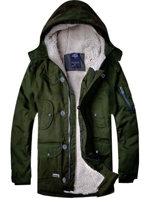 Alaska The Last Frontier Alaska Slim Fit Su ve Soğuğa Dayanıklı  Kapüşonlu Kısa Parka Kaban--Haki--