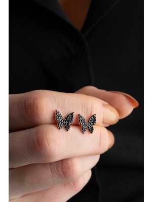 Nereze 925 Ayar Gümüş Minik Siyah Taşlı Kelebek Küpe