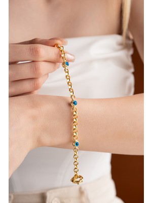 Nereze 925 Ayar Gümüş Gold 3'lü Nazar Göz Hallow Zincirli Bileklik