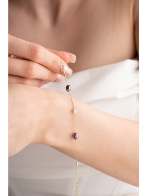 Nereze 925 Ayar Gümüş Gold Barok Incili 3'lü Tektaş Tasarım Bileklik