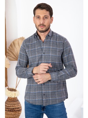 Varetta Erkek Gri Cepli Yaka Düğmeli Klasik Kesim Uzun Kollu Gömlek