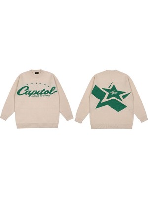 Daily Fashion Day Light  Y2K Vintage Harajuku Star Capitol Ön Arka Baskılı Unisex Oversize Ecru Kazak