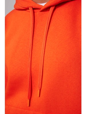 Unisex Oversize Geniş Kesim Pamuklu Yumuşak Dokulu İçi Polarlı Basic Turuncu Kapüşonlu Sweatshirt