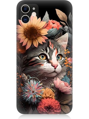 Karizma Tablo Apple iPhone 11 Uyumlu Silikon Kılıf Çiçekler ve Kül Gri Kedi