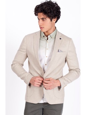 Ncs Erkek Bej Blazer Slim Fit Dar Kesim Çizgili Keten Karışımlı Ceket  4869