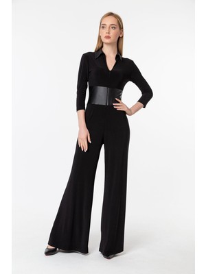 Laranor Gömlek Yaka Deri Detaylı Truvakar Kol Önden Fermuarlı Tulum 48 - Siyah