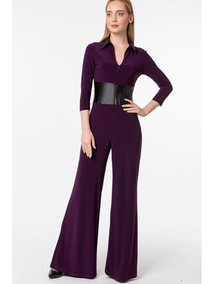 Laranor Gömlek Yaka Deri Detaylı Truvakar Kol Önden Fermuarlı Tulum 48 - Mürdüm