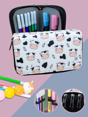 OneSize Kalem Kutusu Sevimli Inekler Kawaii Desen Orginazer Üç Bölmeli Vegan Deri (Kalemlik)