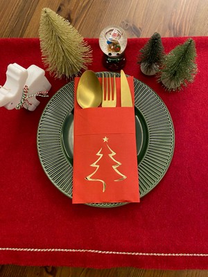 Gold Yaldızlı Yılbaşı Çam Ağacı Desenli 12 Li Kırmızı Renkli Kağıt Cepli Peçete