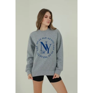 Qu Style  Nakış Desenli,oversize,bisiklet Yaka Spor Şık ,3 Iplik Şardonlu , Kadın Sweatshirt