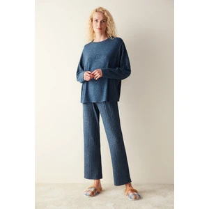 Konforlu Uzun Kollu Pantolon Lacivert Pijama Takımı