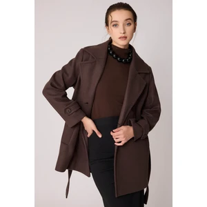 Önü Düğmeli Kuşaklı Kısa Kaşe Kaban