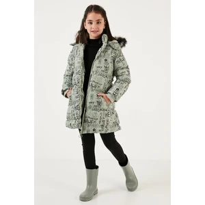 Yakası Suni Kürklü Yazı Baskılı Çıkarılabilir Kapüşonlu Peluş Astarlı Kışlık Mont Kız Çocuk Mont 5761984