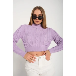 Nosia Fashion Yarım Balıkçı Yaka Saç Örgülü Crop Lila Kazak