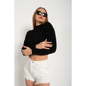 Nosia Fashion Yarım Balıkçı Yaka Saç Örgülü Crop Siyah Kazak