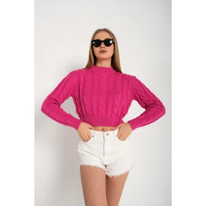 Nosia Fashion Yarım Balıkçı Yaka Saç Örgülü Crop Fuşya Kazak