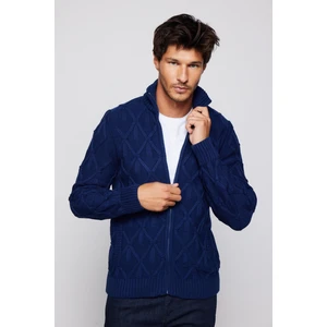 Erkek Slim Fit Desenli Dik Yaka Fermuarlı Sax Mavi Hırka