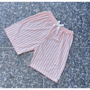 Kadın Dört Mevsim Yumuşak Basic Pamuklu Beli Lastikli Yüksek Bel Pijama Şort Somon Çizgili