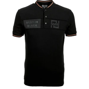 Erkek Siyah Slim Fit Hakim Yaka Ribanalı Baskılı %100 Pamuk T-Shirt Jeans 1975