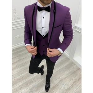 Erkek Smokin Damatlık  Simli Şal Yaka Italyan Kesim Slim Fit Ceket Yelek Pantolon Papyon-Mor