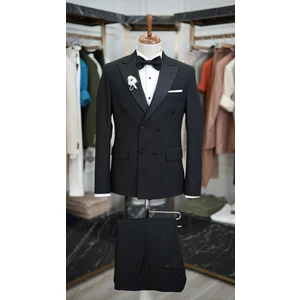 Erkek Kruvaze Smokin Damatlık Kırlangıç Yaka Italyan Kesim Slim Fit Ceket  Pantolon Papyon-Siyah