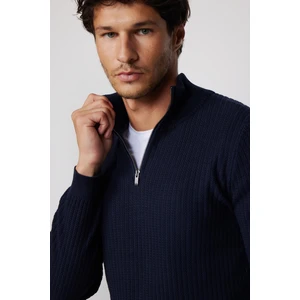 Slim Fit Dar Kesim Dik Yaka Fermuarlı Desenli Lacivert Erkek Kazak