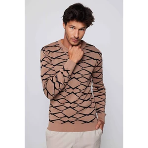Slim Fit Dar Kesim Bisiklet Yaka Jakarlı Vizon-Siyah Erkek Kazak
